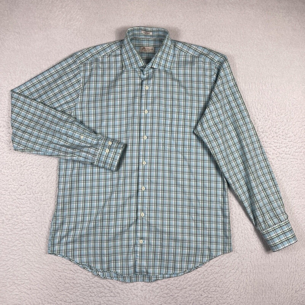 Peter Millar Shirt Mens Large Blue Plaid Casual Workwear Travel Preppy Office